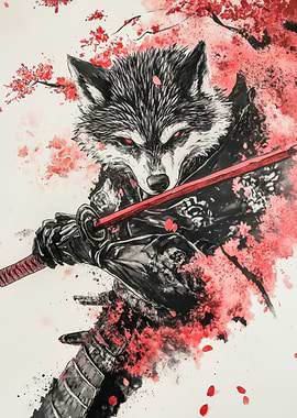 Wolf Samurai with Katana and Cherry Blossoms