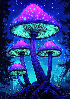 Glowing Neon Mushrooms Forest