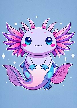 Cute Cartoon Axolotl on Blue Background