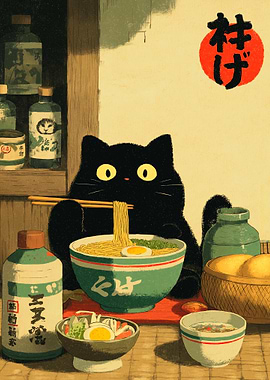 Black cat eating ramen