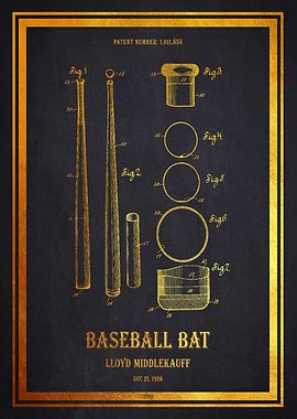 Baseball Bat Patent 1926 - Gold