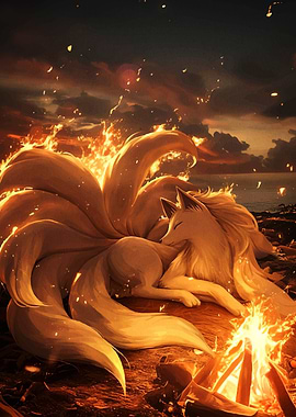 Nine-tailed fox resting campfire