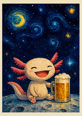 Axolotl with Beer under Starry Night