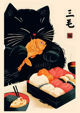 Black Cat with Sushi and Fish