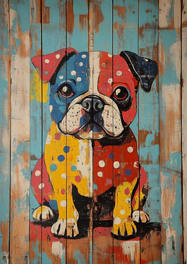 Colorful Bulldog Painting on Wood Planks | Bulldog wall art