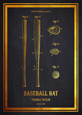 Baseball Bat Patent 1939 - Gold