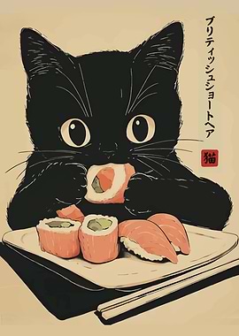Black Cat Eating Sushi