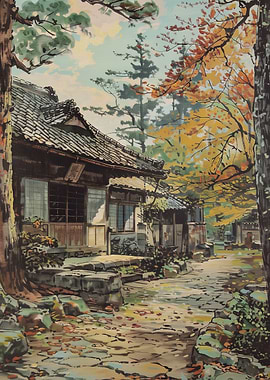 Japanese Temple in Autumn Landscape