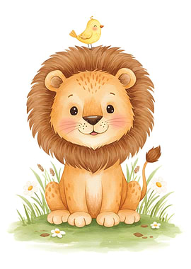 Cute Lion with Bird