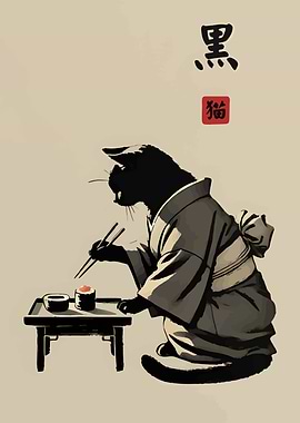 Black Cat in Kimono Eating Sushi