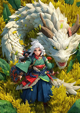 Anime Girl with Dragon in Field