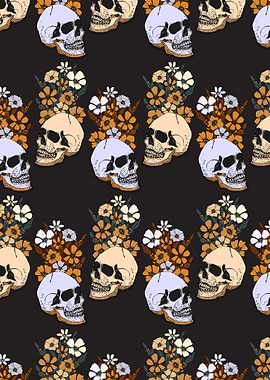 Skulls and Flowers Pattern on Black