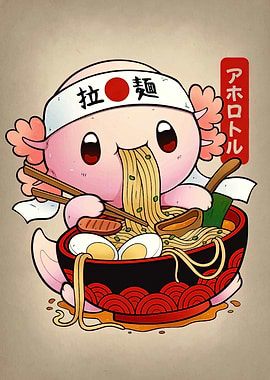 Axolotl eating ramen cartoon illustration