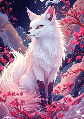 White Fox with Cherry Blossoms