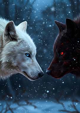 White and Black Wolves in Snow