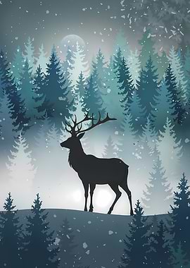 Winter Deer in Forest Silhouette