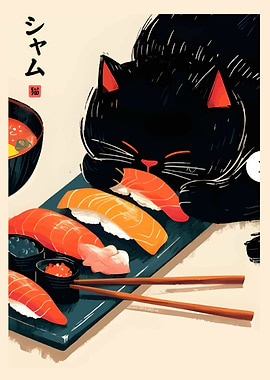 Black Cat with Sushi