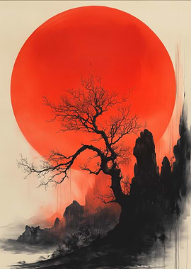 Red Sun Landscape with Tree - Japanese Sunrise | Zen Landscape with Red Sun and Tree