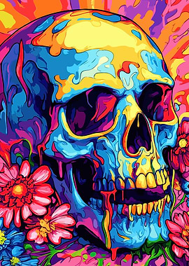 Colorful Skull with Flowers Illustration