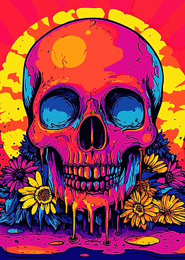 Colorful Skull with Flowers Illustration