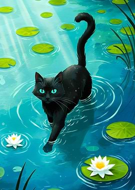 Black Cat in Lily Pond
