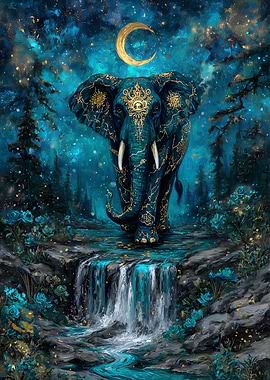 Elephant in Teal Forest with Moon