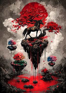 Unicorn on Floating Island with Red Moon