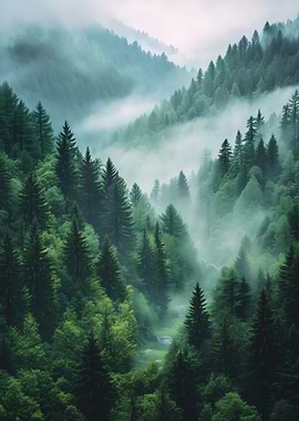 Misty Green Forest Landscape