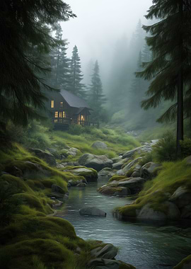 Cabin in the Misty Forest