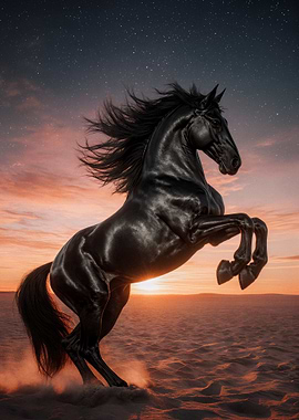 Majestic Black Horse Rearing at Sunset