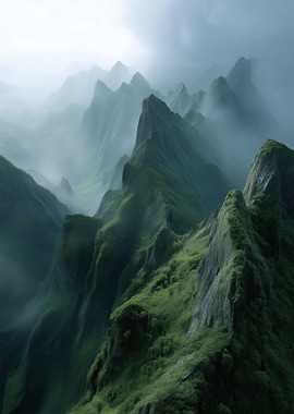 Misty Green Mountain Peaks