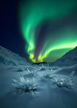 Aurora Borealis over icy landscape