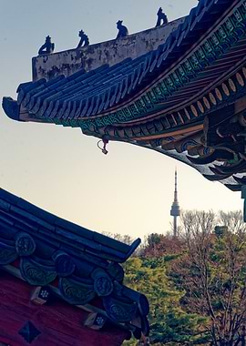 Korean Temple Roof with Seoul Tower