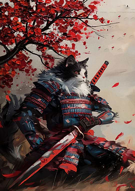Samurai Cat Warrior Red Leaves