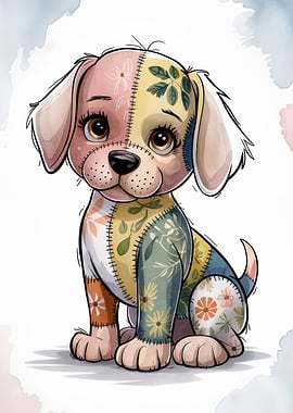 Patchwork Puppy Illustration - Patchwork Puppy | Floral Stitched Plush Art