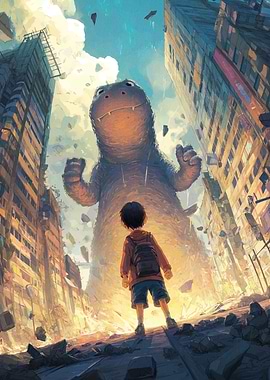 Boy and Giant Monster in Ruined City