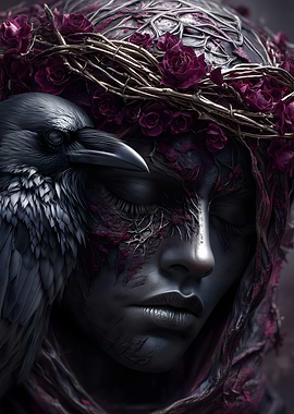 Raven and Woman with Floral Crown