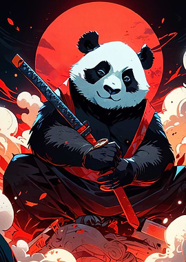 Panda Samurai Katana Red Moon
