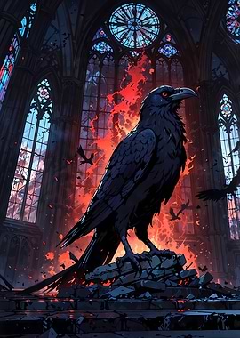 Raven in Gothic Cathedral with Fire