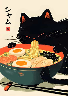 Black Cat Eating Ramen