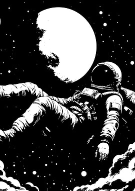 Monochrome Astronaut in Space with Moon