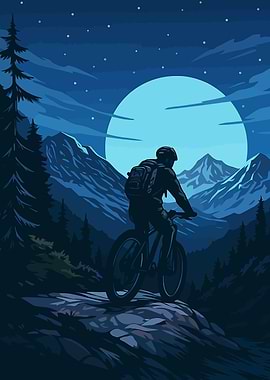 Mountain Biker Under Moonlight