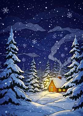 Winter Cabin in Snowy Forest