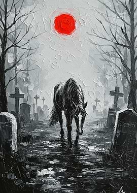 Horse in Cemetery with Red Sun