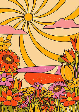 Retro Floral Landscape with Sun