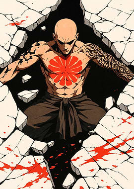 Bald Warrior Breaking Through Wall