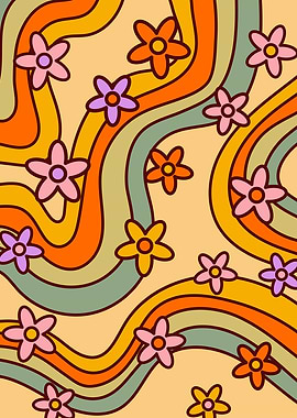 Retro Floral Pattern with Wavy Lines