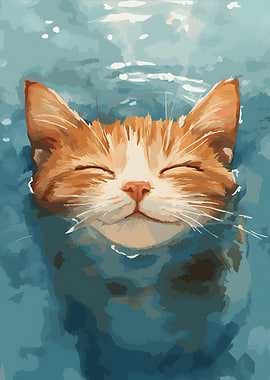 Cat in Water Illustration