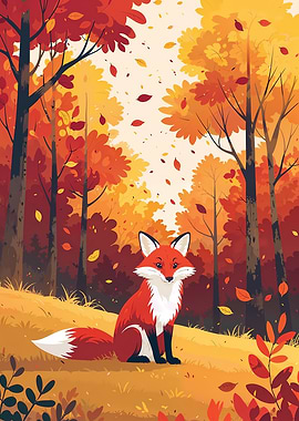 Fox in Autumn Forest Illustration