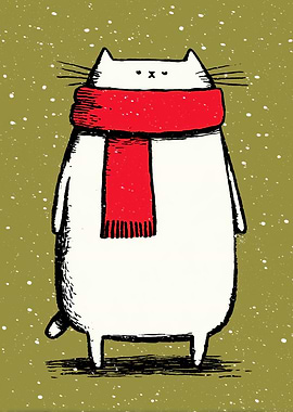Winter Cat with Red Scarf